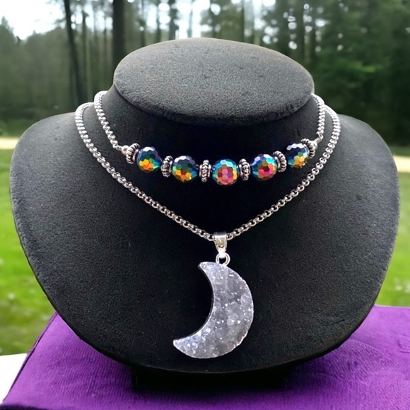 Druzy quartz moon double layer stainless steel chains boho iridescent necklace - Picture 3 of 12